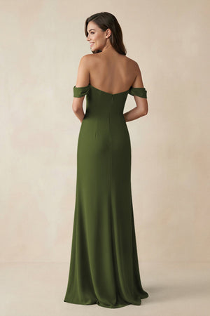 Off - the - Shoulder Sheath Bridesmaid Dress with Slit in Olive - KissProm Bridesmaid Dresses