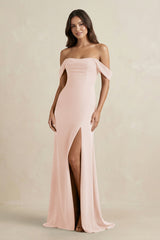 Off - the - Shoulder Sheath Bridesmaid Dress with Slit in Pale Blush - KissProm Bridesmaid Dresses