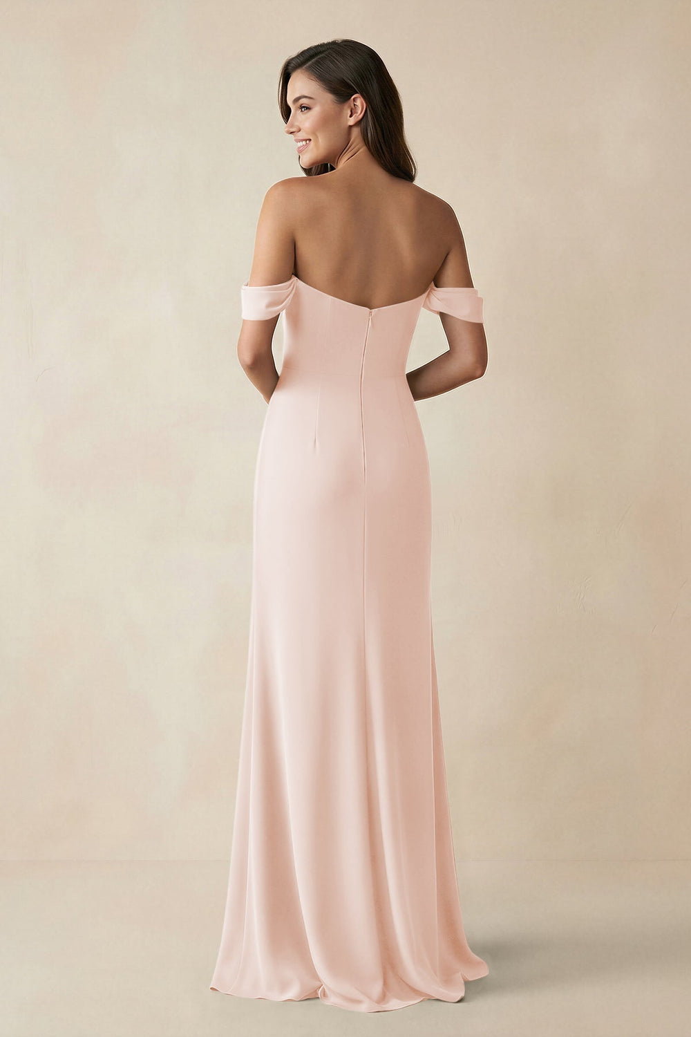 Off - the - Shoulder Sheath Bridesmaid Dress with Slit in Pale Blush - KissProm Bridesmaid Dresses