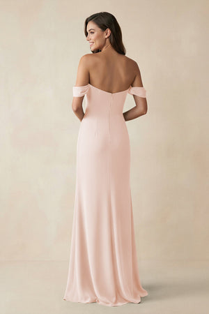 Off - the - Shoulder Sheath Bridesmaid Dress with Slit in Pale Blush - KissProm Bridesmaid Dresses