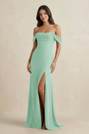 Off - the - Shoulder Sheath Bridesmaid Dress with Slit in Pale Pistachio - KissProm Bridesmaid Dresses