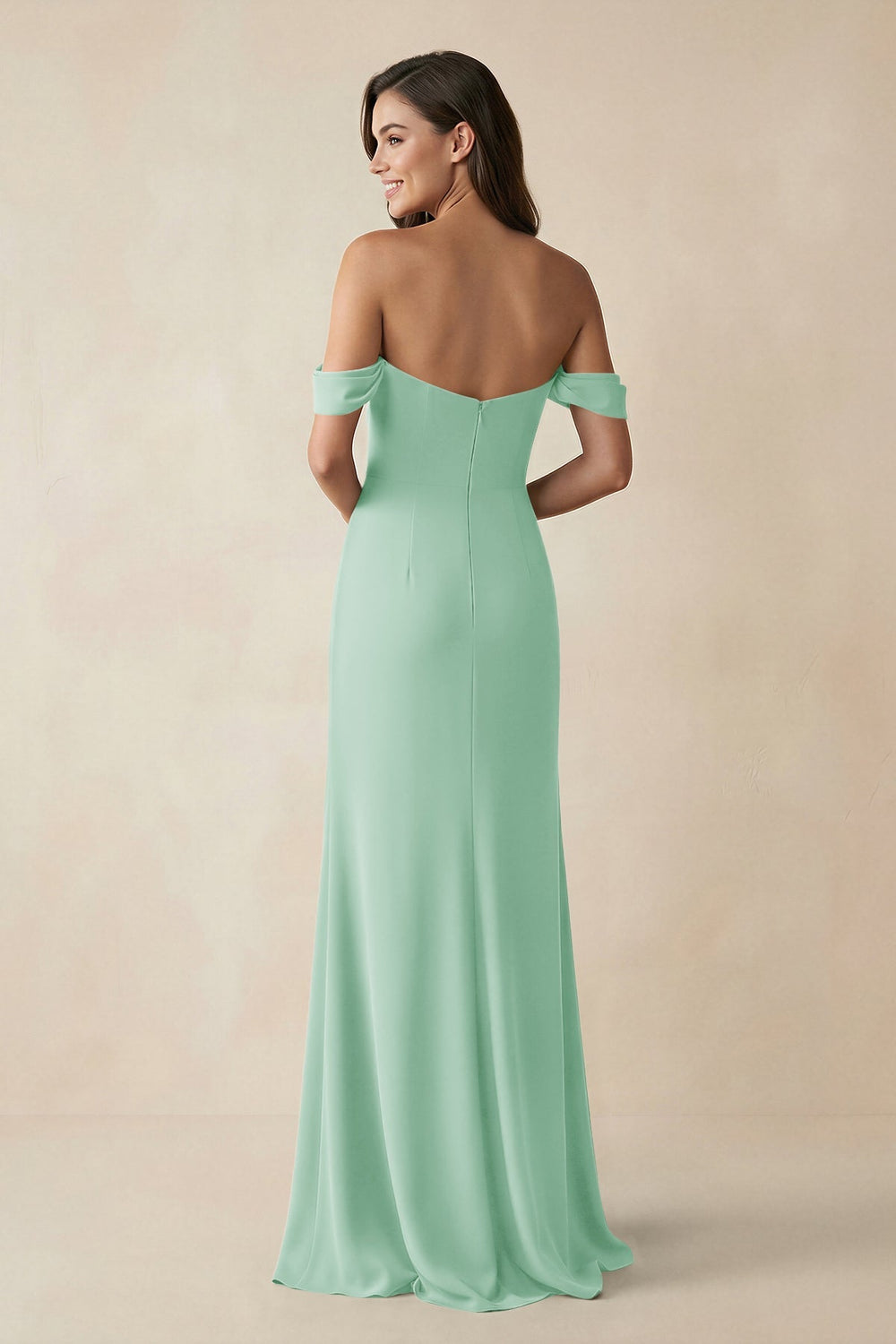 Off - the - Shoulder Sheath Bridesmaid Dress with Slit in Pale Pistachio - KissProm Bridesmaid Dresses