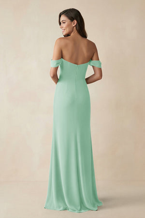 Off - the - Shoulder Sheath Bridesmaid Dress with Slit in Pale Pistachio - KissProm Bridesmaid Dresses