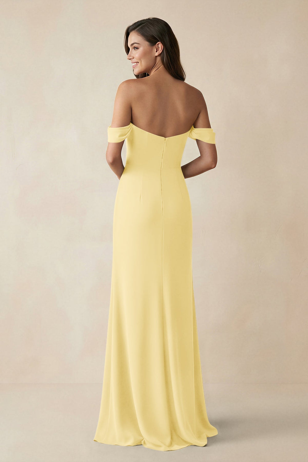 Off - the - Shoulder Sheath Bridesmaid Dress with Slit in Pastel Yellow - KissProm Bridesmaid Dresses