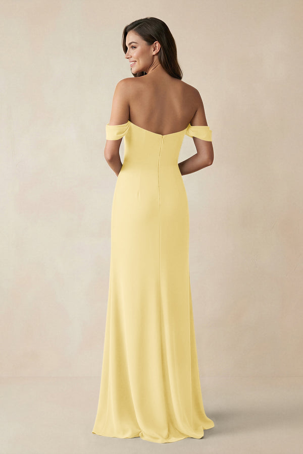 Off - the - Shoulder Sheath Bridesmaid Dress with Slit in Pastel Yellow - KissProm Bridesmaid Dresses