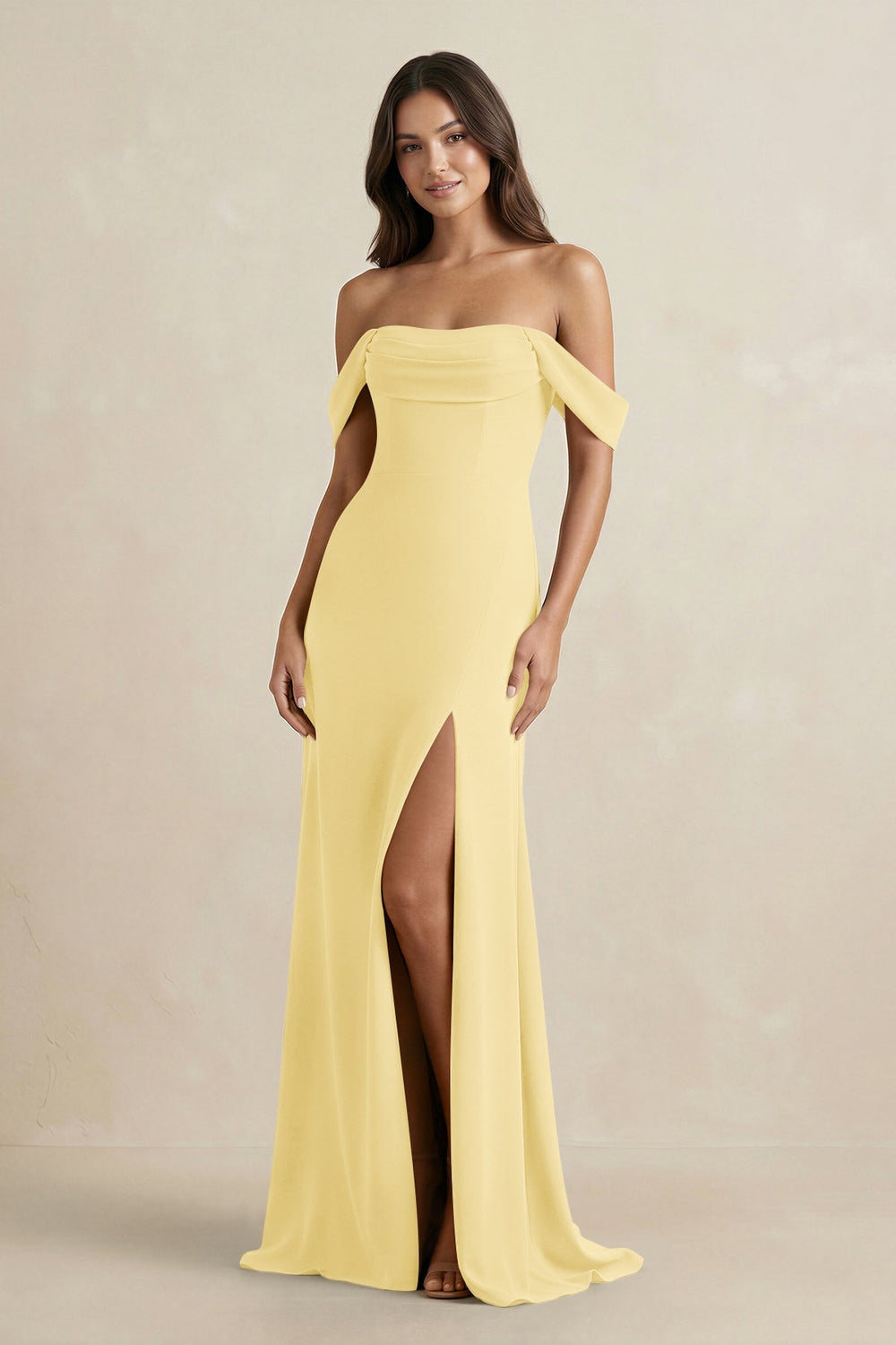 Off - the - Shoulder Sheath Bridesmaid Dress with Slit in Pastel Yellow - KissProm Bridesmaid Dresses