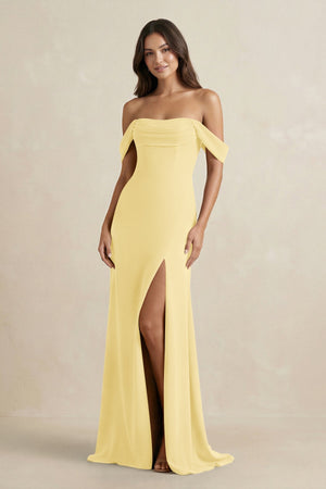 Off - the - Shoulder Sheath Bridesmaid Dress with Slit in Pastel Yellow - KissProm Bridesmaid Dresses