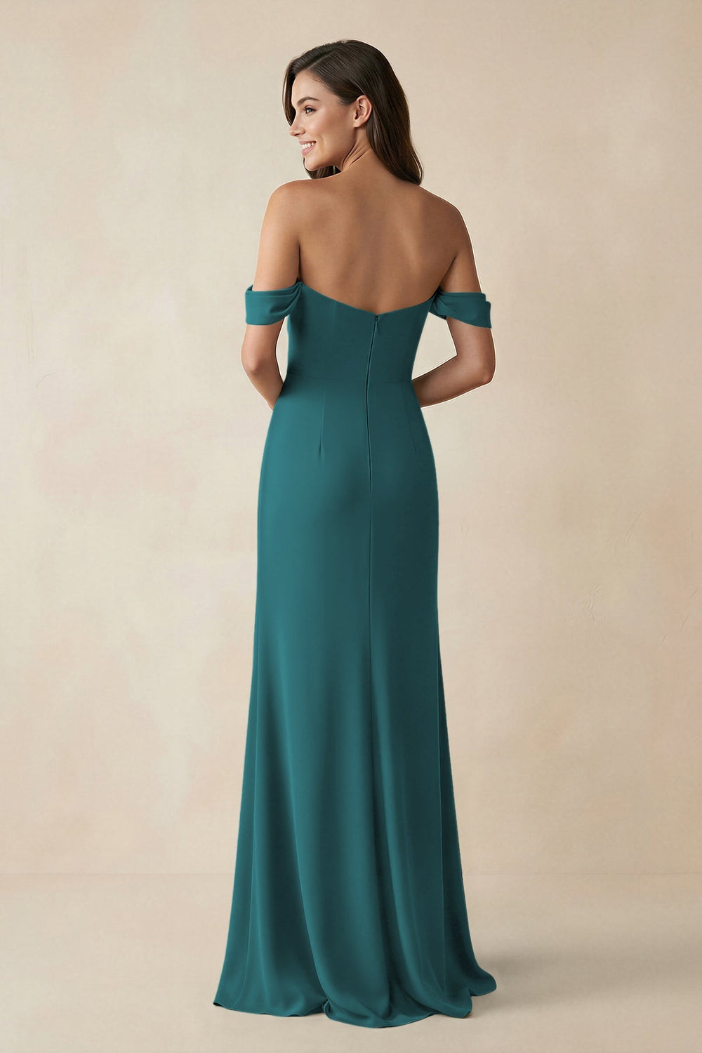 Off - the - Shoulder Sheath Bridesmaid Dress with Slit in Pine - KissProm Bridesmaid Dresses