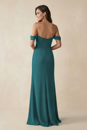 Off - the - Shoulder Sheath Bridesmaid Dress with Slit in Pine - KissProm Bridesmaid Dresses