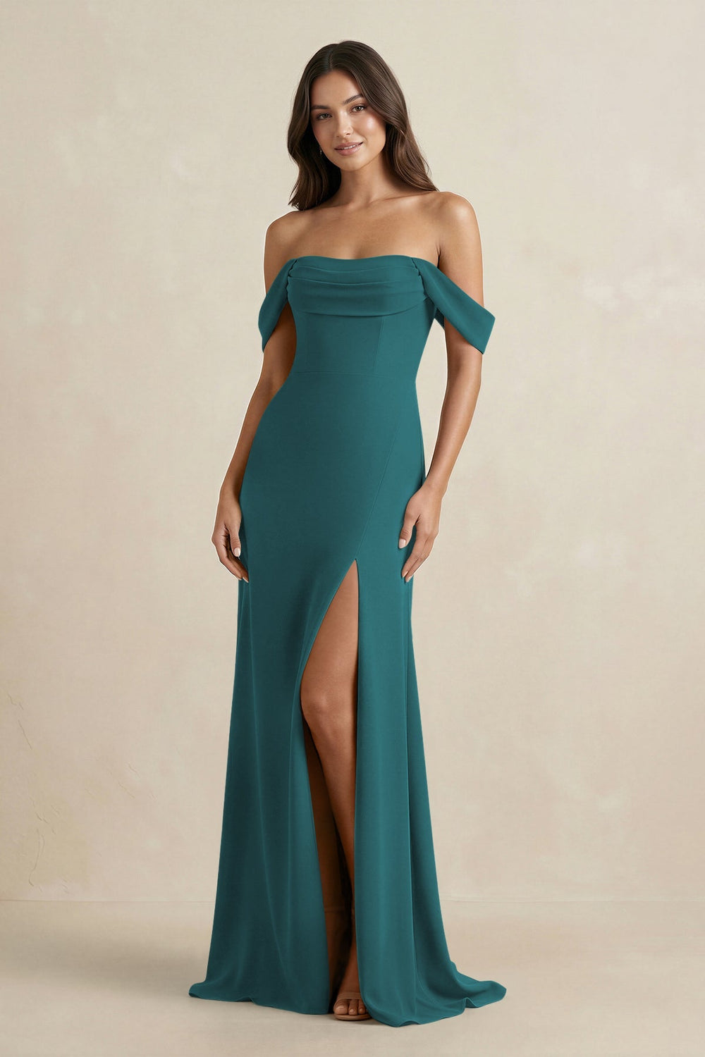 Off - the - Shoulder Sheath Bridesmaid Dress with Slit in Pine - KissProm Bridesmaid Dresses