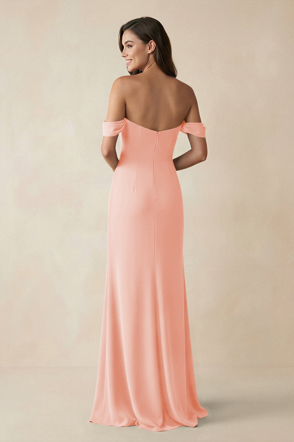 Off - the - Shoulder Sheath Bridesmaid Dress with Slit in Rose Petal - KissProm Bridesmaid Dresses