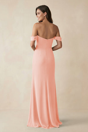 Off - the - Shoulder Sheath Bridesmaid Dress with Slit in Rose Petal - KissProm Bridesmaid Dresses