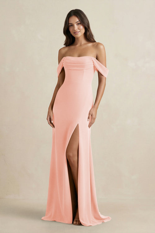 KissProm | Off-the-Shoulder Sheath Bridesmaid Dress With Slit in Rose Petal
