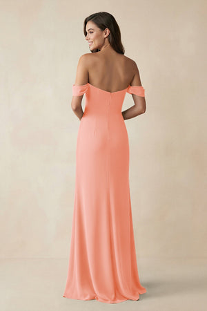 Off - the - Shoulder Sheath Bridesmaid Dress with Slit in Rosette - KissProm Bridesmaid Dresses
