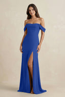 Off - the - Shoulder Sheath Bridesmaid Dress with Slit in Royal Blue - KissProm Bridesmaid Dresses