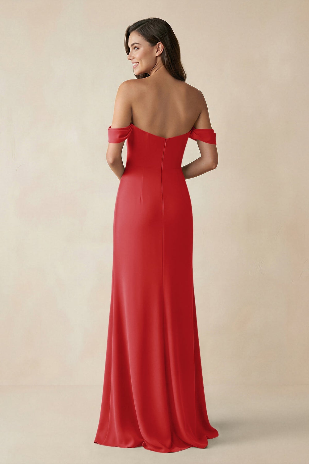 Off - the - Shoulder Sheath Bridesmaid Dress with Slit in Ruby Red - KissProm Bridesmaid Dresses