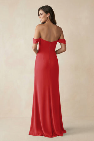 Off - the - Shoulder Sheath Bridesmaid Dress with Slit in Ruby Red - KissProm Bridesmaid Dresses