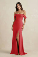 Off - the - Shoulder Sheath Bridesmaid Dress with Slit in Ruby Red - KissProm Bridesmaid Dresses