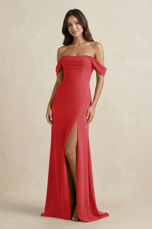 Off - the - Shoulder Sheath Bridesmaid Dress with Slit in Ruby Red - KissProm Bridesmaid Dresses