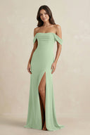 Off - the - Shoulder Sheath Bridesmaid Dress with Slit in Sage - KissProm Bridesmaid Dresses