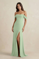 Off - the - Shoulder Sheath Bridesmaid Dress with Slit in Sage - KissProm Bridesmaid Dresses