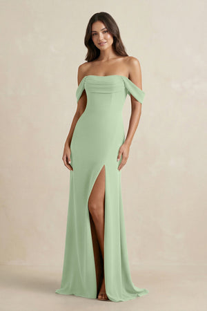 Off - the - Shoulder Sheath Bridesmaid Dress with Slit in Sage - KissProm Bridesmaid Dresses