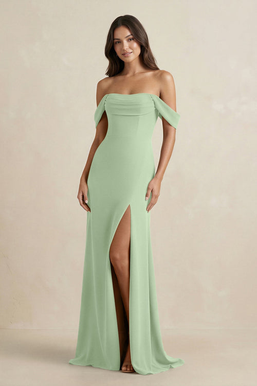 sage off the shoulder bridesmaid dress Off-the-Shoulder Sheath Bridesmaid Dress with Slit in Sage
