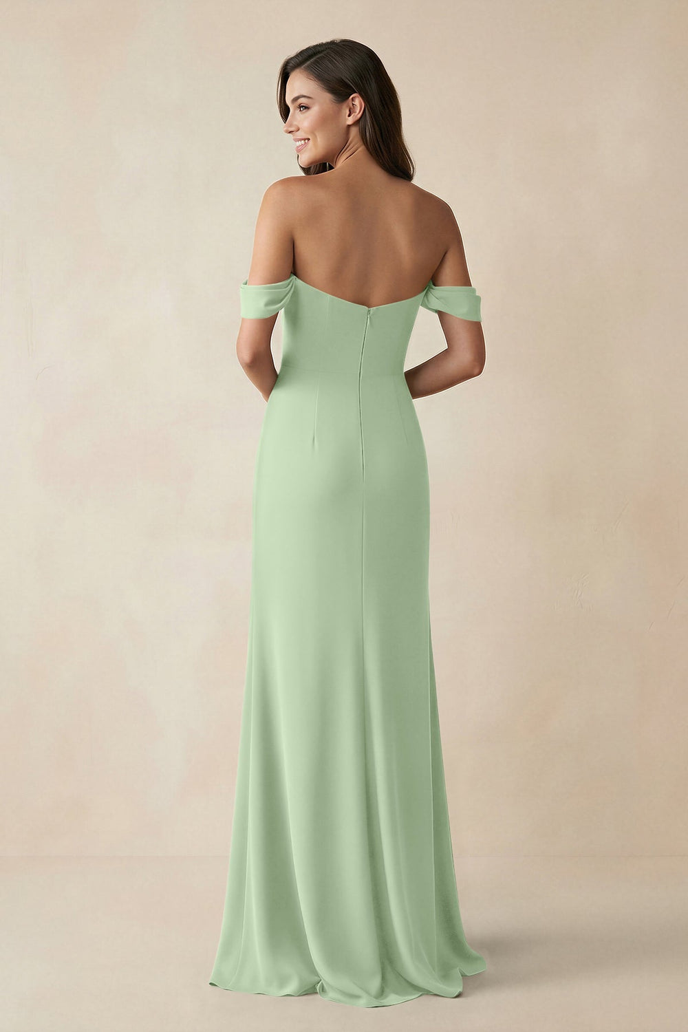 Off - the - Shoulder Sheath Bridesmaid Dress with Slit in Sage - KissProm Bridesmaid Dresses