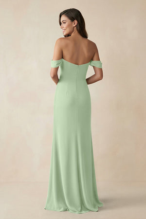 Off - the - Shoulder Sheath Bridesmaid Dress with Slit in Sage - KissProm Bridesmaid Dresses