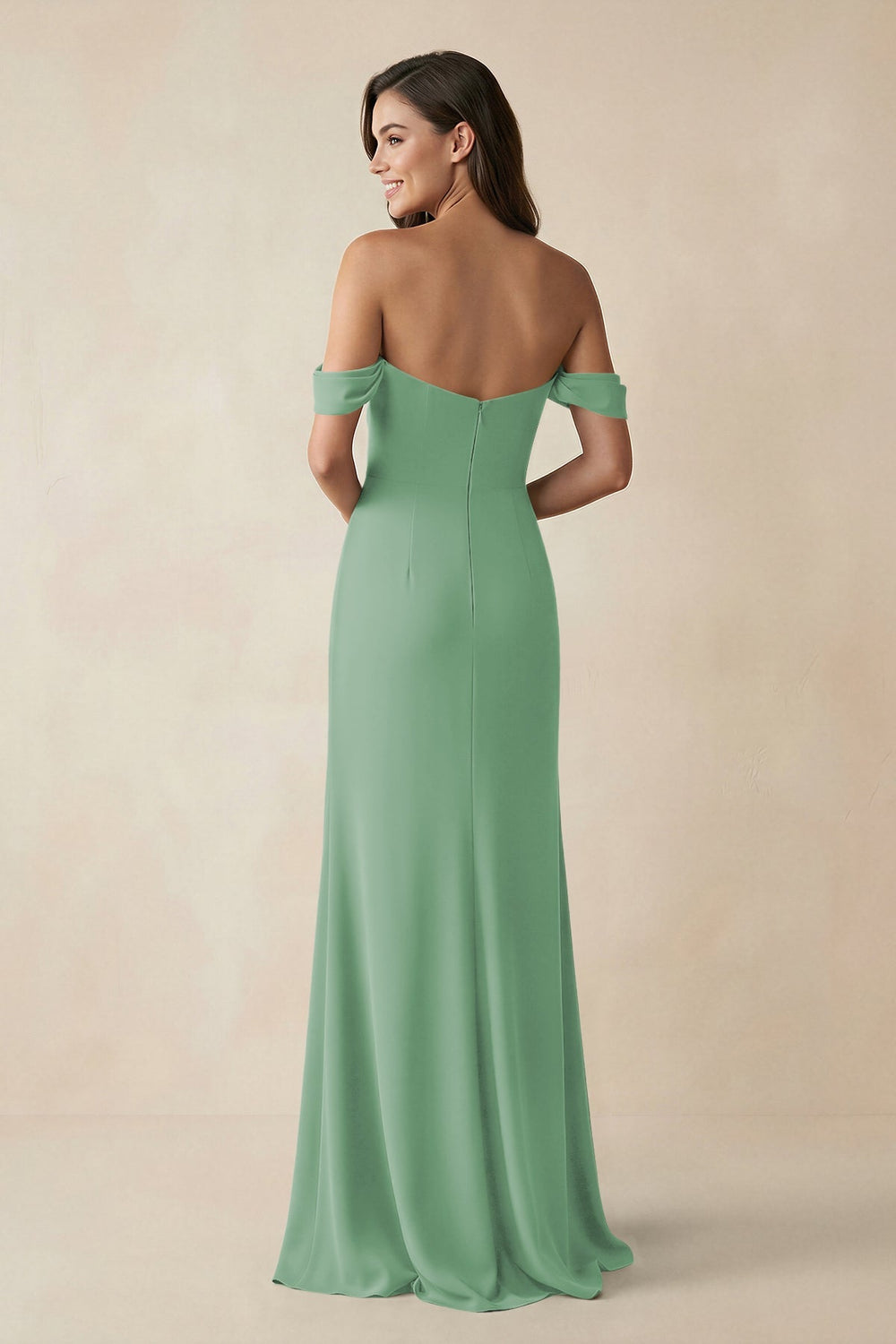 Off - the - Shoulder Sheath Bridesmaid Dress with Slit in Sea Glass - KissProm Bridesmaid Dresses