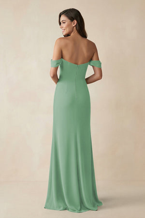 Off - the - Shoulder Sheath Bridesmaid Dress with Slit in Sea Glass - KissProm Bridesmaid Dresses