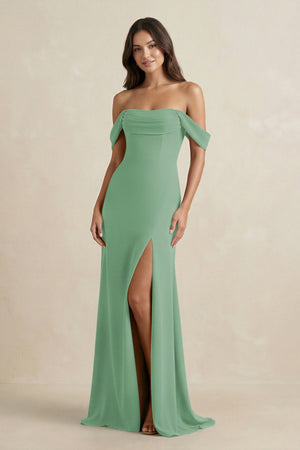 Off - the - Shoulder Sheath Bridesmaid Dress with Slit in Sea Glass - KissProm Bridesmaid Dresses