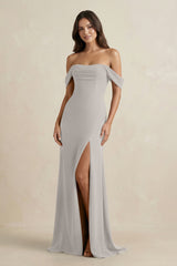 Off - the - Shoulder Sheath Bridesmaid Dress with Slit in Silver - KissProm Bridesmaid Dresses