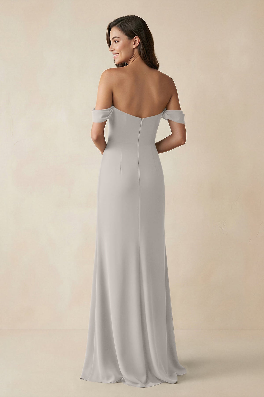 Off - the - Shoulder Sheath Bridesmaid Dress with Slit in Silver - KissProm Bridesmaid Dresses