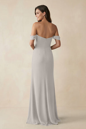 Off - the - Shoulder Sheath Bridesmaid Dress with Slit in Silver - KissProm Bridesmaid Dresses