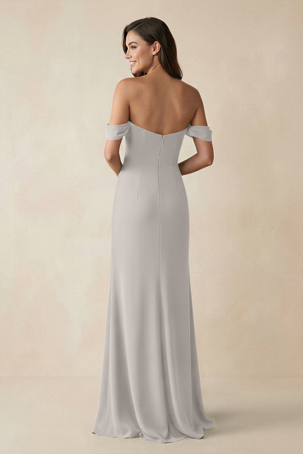 Off - the - Shoulder Sheath Bridesmaid Dress with Slit in Silver - KissProm Bridesmaid Dresses