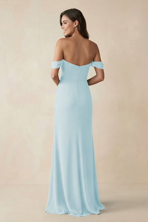 Off - the - Shoulder Sheath Bridesmaid Dress with Slit in Sky Blue - KissProm Bridesmaid Dresses