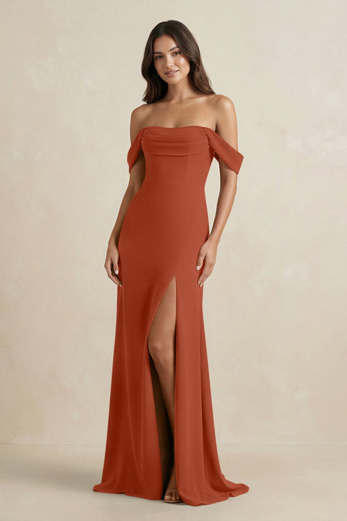 Off - the - Shoulder Sheath Bridesmaid Dress with Slit in Spice - KissProm Bridesmaid Dresses