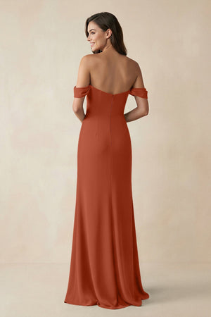 Off - the - Shoulder Sheath Bridesmaid Dress with Slit in Spice - KissProm Bridesmaid Dresses