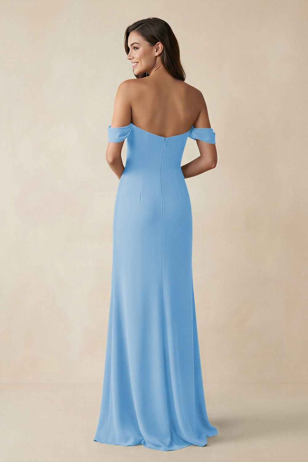 Off - the - Shoulder Sheath Bridesmaid Dress with Slit in Steel Blue - KissProm Bridesmaid Dresses