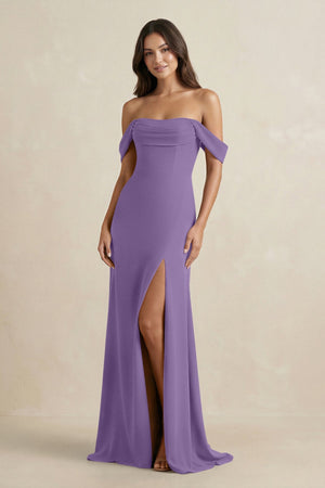Off - the - Shoulder Sheath Bridesmaid Dress with Slit in Tahiti - KissProm Bridesmaid Dresses