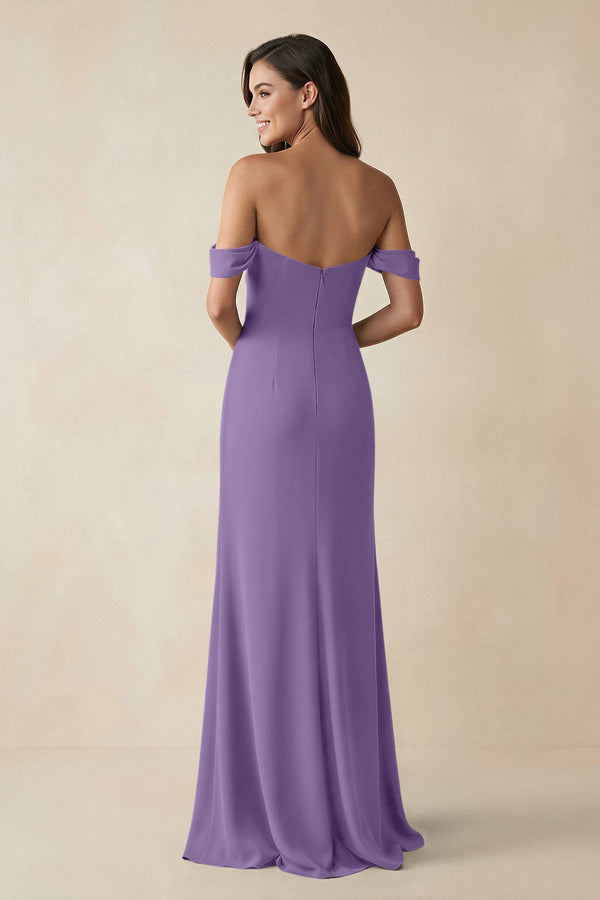 Off - the - Shoulder Sheath Bridesmaid Dress with Slit in Tahiti - KissProm Bridesmaid Dresses