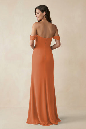 Off - the - Shoulder Sheath Bridesmaid Dress with Slit in Terracotta - KissProm Bridesmaid Dresses