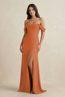Off - the - Shoulder Sheath Bridesmaid Dress with Slit in Terracotta - KissProm Bridesmaid Dresses