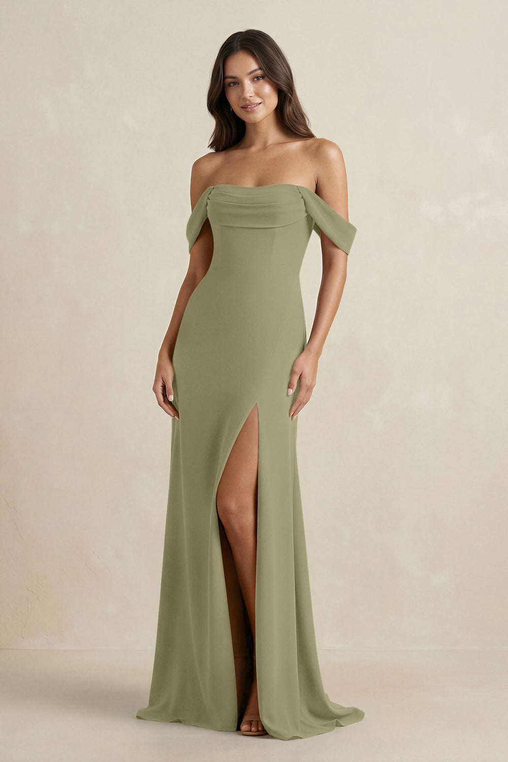 Off - the - Shoulder Sheath Bridesmaid Dress with Slit in Thyme - KissProm Bridesmaid Dresses