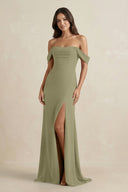 Off - the - Shoulder Sheath Bridesmaid Dress with Slit in Thyme - KissProm Bridesmaid Dresses