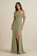 Off - the - Shoulder Sheath Bridesmaid Dress with Slit in Thyme - KissProm Bridesmaid Dresses