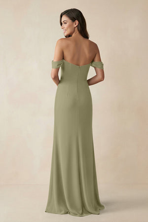 Off - the - Shoulder Sheath Bridesmaid Dress with Slit in Thyme - KissProm Bridesmaid Dresses