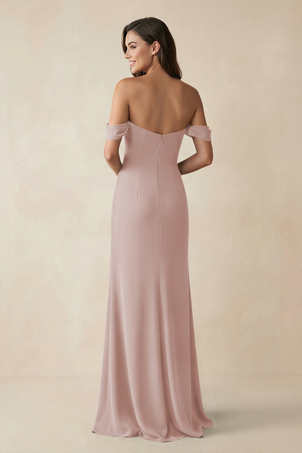 Off - the - Shoulder Sheath Bridesmaid Dress with Slit in Toffee - KissProm Bridesmaid Dresses