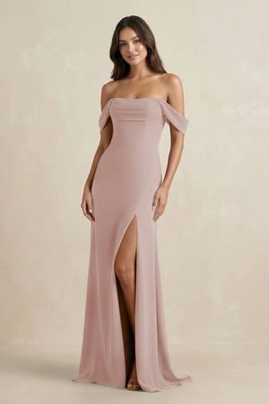 Off - the - Shoulder Sheath Bridesmaid Dress with Slit in Toffee - KissProm Bridesmaid Dresses